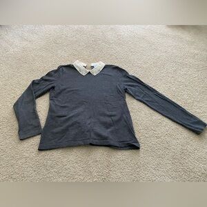 CeCe Gray Long Sleeve Top with White Collar